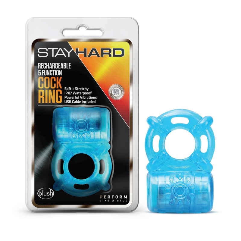 Stay Hard Rechargeable 5 Function Cock Ring - Blue